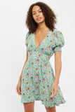 Louche Merle Flower Show Print V Neck Short Sleeve Tea Dress Green