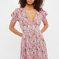 Louche Merle Flower Show Print V Neck Short Sleeve Tea Dress Pink