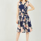 Yumi Navy Rose Printed Wrap Over Sleeveless Skater Dress