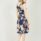 Yumi Navy Rose Printed Wrap Over Sleeveless Skater Dress