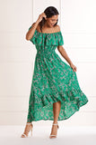Yumi Green Bardot Asymmetric Maxi Dress