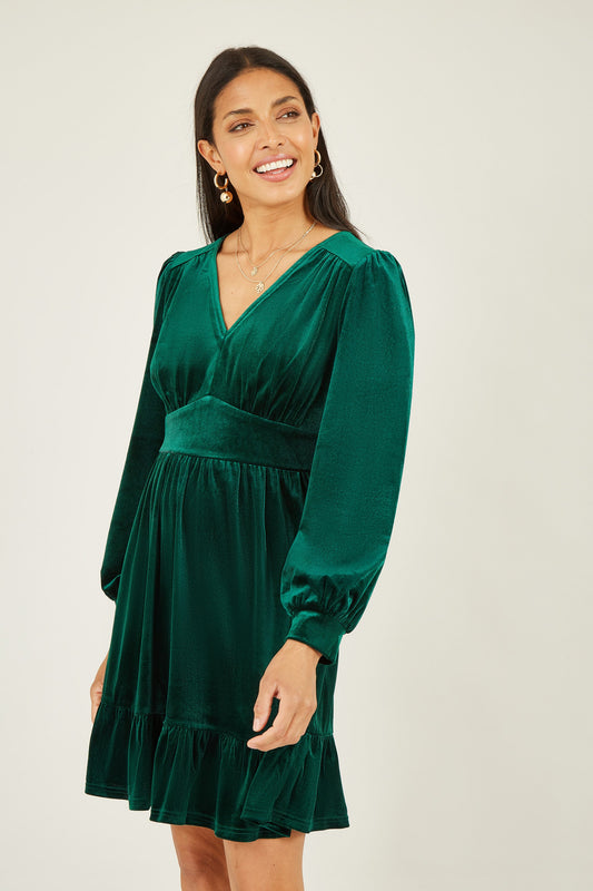 Mela Green Velvet Long Sleeve Skater Dress