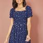 Yumi Navy Spot And Floral Print Border Ruched Midi Dress