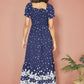 Yumi Navy Spot And Floral Print Border Ruched Midi Dress