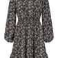 Mela Black Floral Print Ruched Waist Long Sleeve Skater Dress