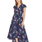Mela Navy Daisy Print Wrap Over Midi Dress With Dipped Hem