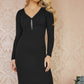 Yumi Black Rib Fitted Midi Dress With Diamante Detail Zip Neckline