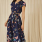 Yumi Navy Butterfly Print Dip Hem Midi Wrap Dress