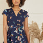 Yumi Navy Butterfly Print Dip Hem Midi Wrap Dress