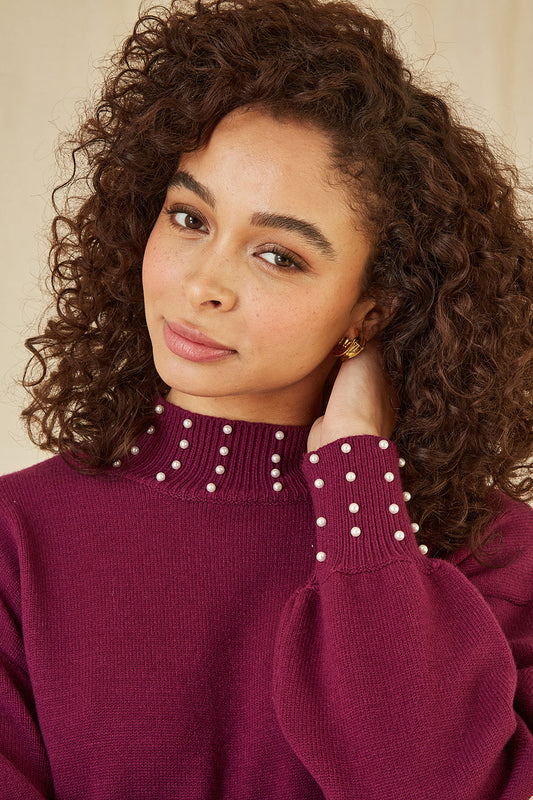 Yumi Plum Pearl Detail Knitted Relaxed Jumper Dress