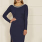 Yumi Navy Pearl Neckline Fitted Midi Knitted Dress