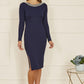 Yumi Navy Pearl Neckline Fitted Midi Knitted Dress