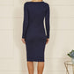 Yumi Navy Pearl Neckline Fitted Midi Knitted Dress