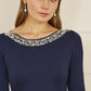 Yumi Navy Pearl Neckline Fitted Midi Knitted Dress