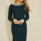 Yumi Green Pearl Neckline Fitted Midi Knitted Dress