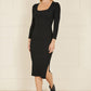 Yumi Black Fitted Knit Midi Dress With Side Split