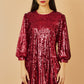 Yumi Burgundy Sequin Tunic Dress With Balloon Sleeves