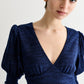 Moa Sustainable Marl Puff Sleeve V Neck Midi Dress - Navy