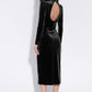 Mori Velvet Neck Cut Out Midi Dress in Black