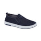 Navy slip-on shoe with white sole on a white background