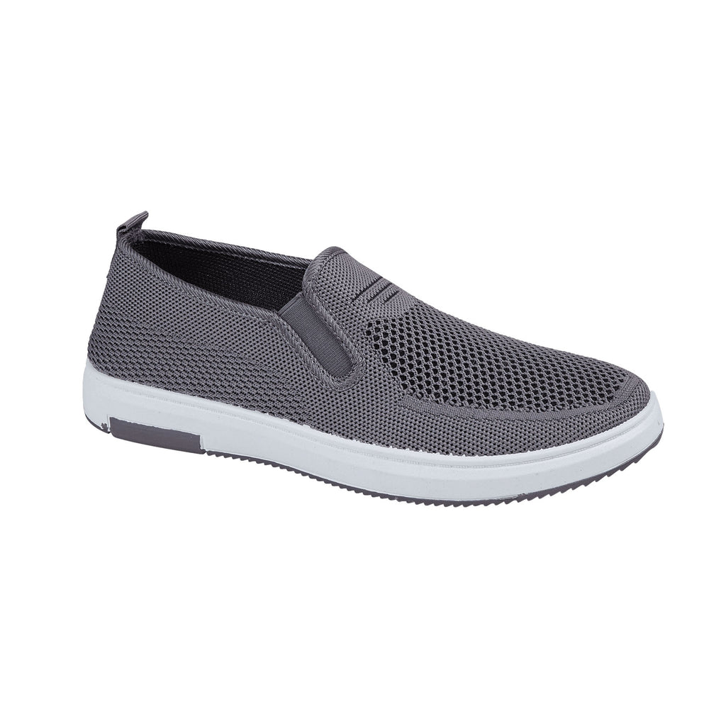 Gray slip-on shoe with white sole on a white background