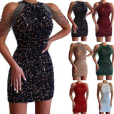 Sexy fashion halter off-the-shoulder fringe wrap hip crystal splicing sequin dress