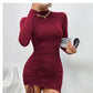 Turtleneck Purple Long Sleeve Pleated Tie Dress