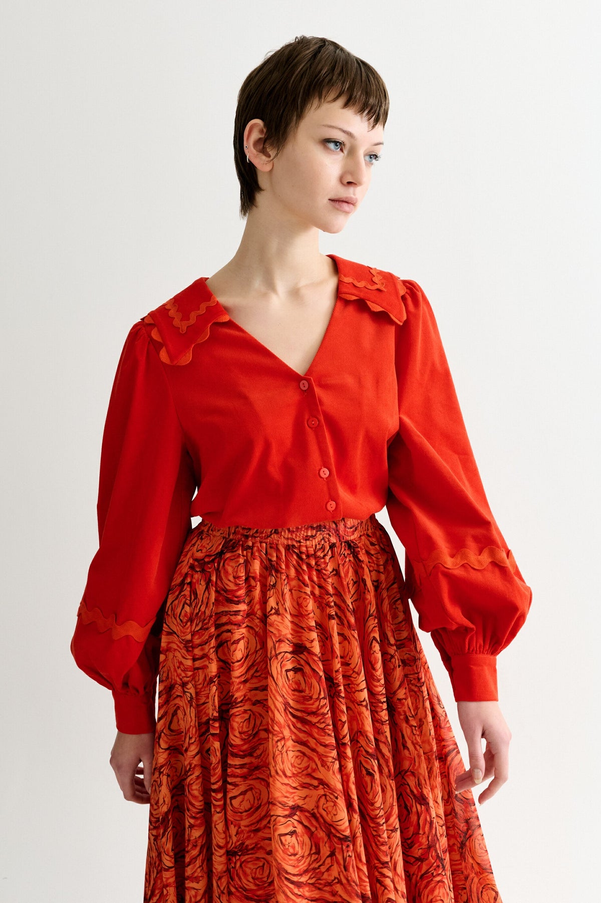Pallas Babycord Big Collar Ric Rac Trimmed Blouse - Red
