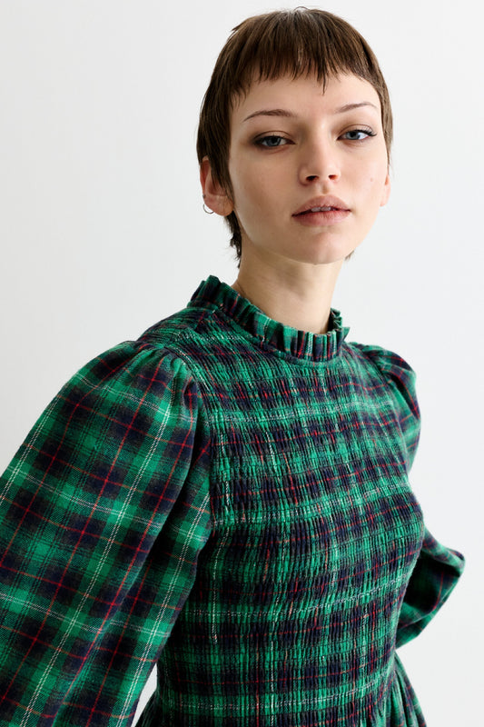 Peppi Winter Check Smocked Bodice Midi Dress - Green