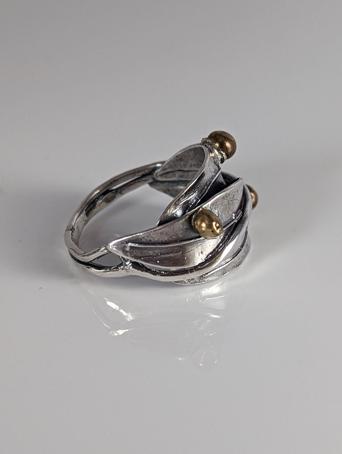 925 Silver Leaves Ring with Brass Buds – Artisan Silver Band Inspired by Nature