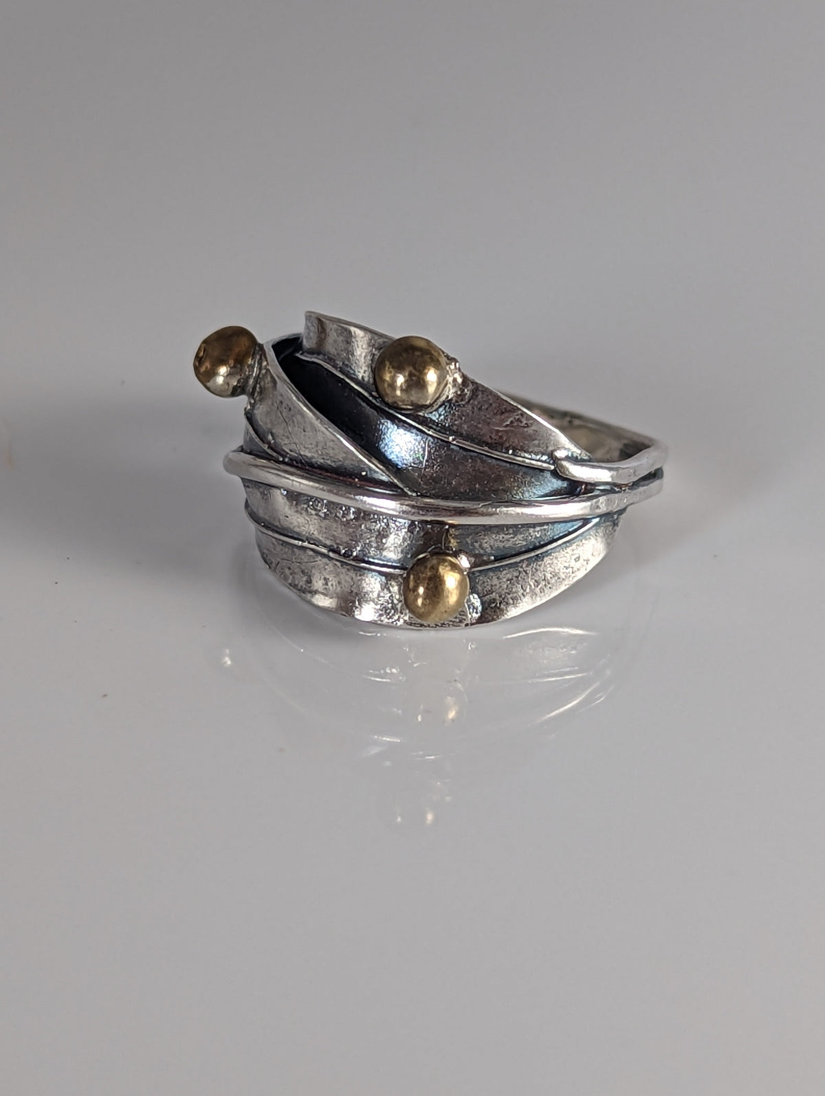 925 Silver Leaves Ring with Brass Buds – Artisan Silver Band Inspired by Nature