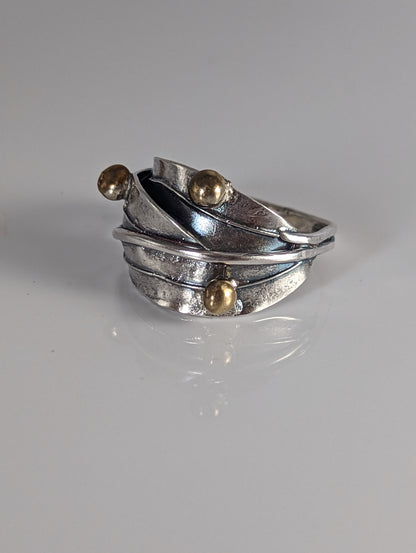 925 Silver Leaves Ring with Brass Buds – Artisan Silver Band Inspired by Nature