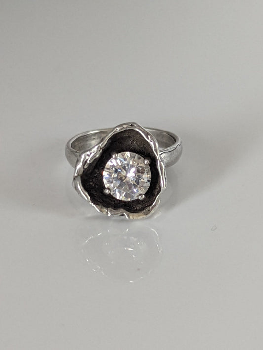 Silver Steed Large Zirconia in a Flower Silver Ring