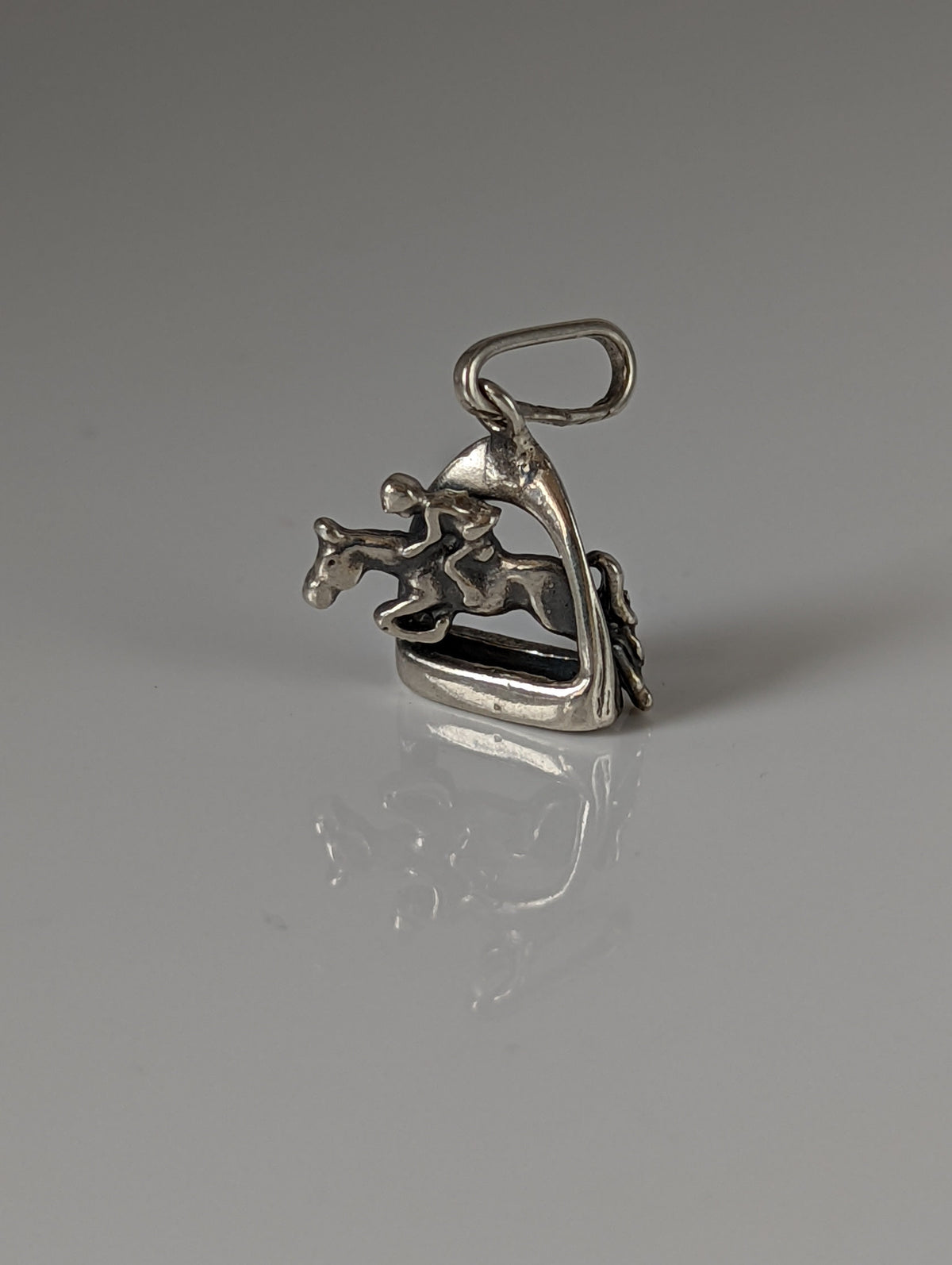 Silver Steed Jump Over a Stirrup, Stirrup & Jockey Silver Pendant