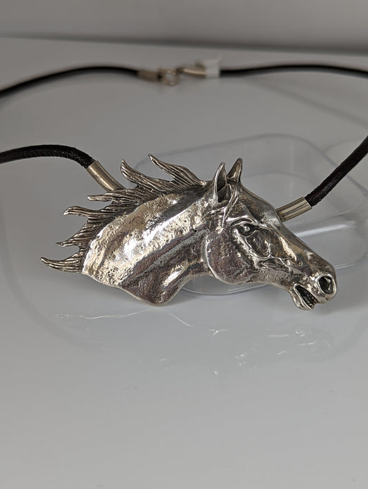 Silver Steed Large Horse Head on Leather Cord Necklace