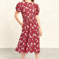 Louche Stasia Roaring Daisy Print V Back Puff Sleeve Midi Dress Red
