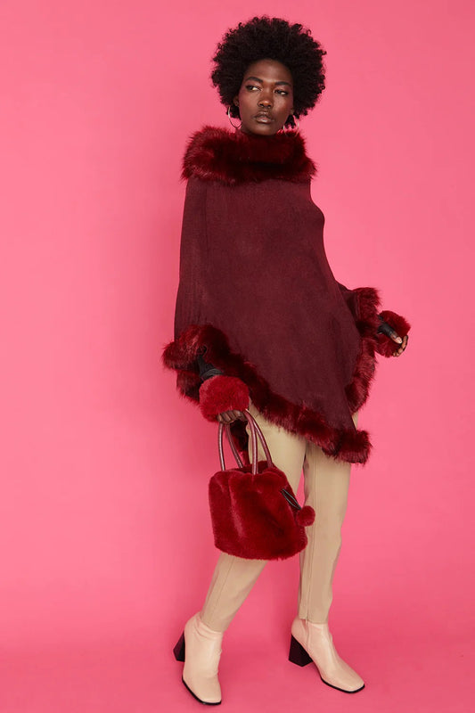 Red Faux Fur Pom-Pom Drawstring Bucket Bag