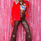 Red and Leopard Print Faux Fur Coat