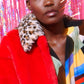 Red and Leopard Print Faux Fur Coat