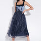 Shehrazade Satin and Organza Midi Dress in Navy