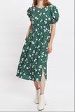 Louche Stasia Roaring Daisy Print V Back Puff Sleeve Midi Dress - Green