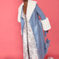 Blue White Faux Leather Jacket with Detachable Faux Fur Cuffs and Collar