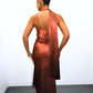 Brown Satin Ombre Asymmetrical Tie Neck Slip Midi Dress