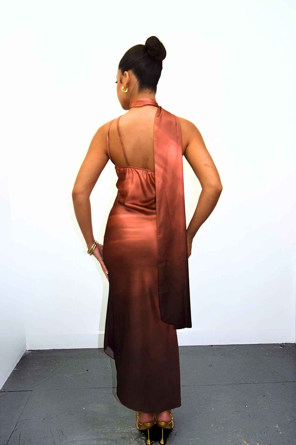 Brown Satin Ombre Asymmetrical Tie Neck Slip Midi Dress