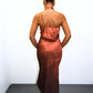 Brown Satin Ombre Asymmetrical Tie Neck Slip Midi Dress