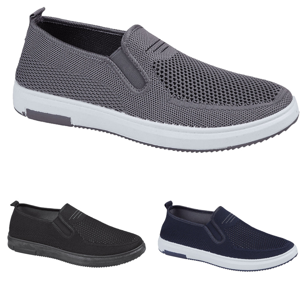 Three pairs of slip-on shoes in gray, black, and navy on a white background