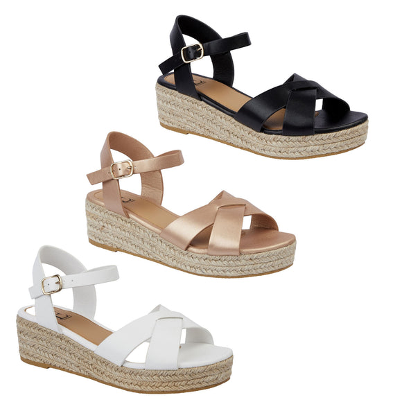 Sunny Ladies Espadrille Wedge Strappy Hessian Womens Ankle Straps Cross Over Sandals