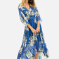 Yumi Blue Floral Kimono Sleeves Dip Hem Wrap Midi Dress