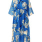 Yumi Blue Floral Kimono Sleeves Dip Hem Wrap Midi Dress