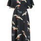 Black Crane Print Kimono Midi Dress